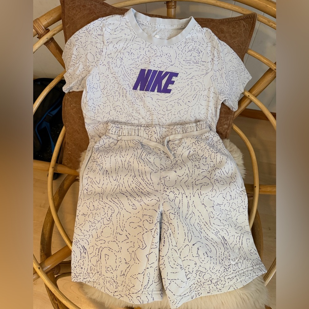 Nike White Tee and Shorts Set with Purple Logo